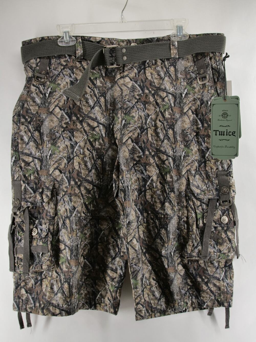 Twice Mens 36 13" Camo Utility Cargo Shorts Outdoor Hiking Belted Adjustable NWT
